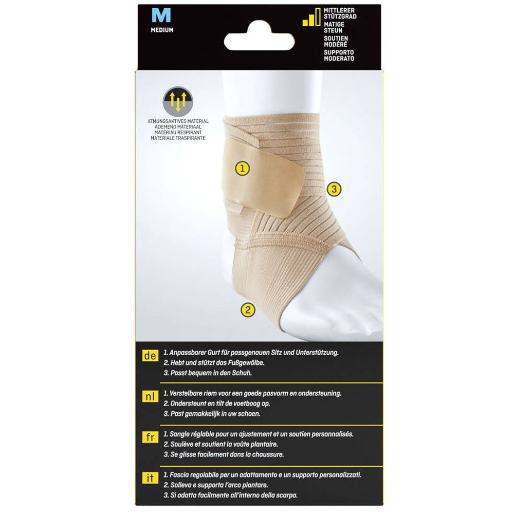 Futuro Knöchelbandage. Detailansicht des Produkts mit nummerierten Merkmalen und Text in Deutsch, Niederländisch, Französisch und Italienisch.