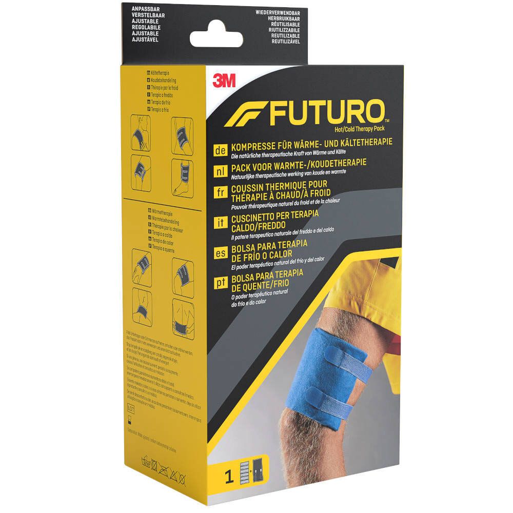 Verpakking van FUTURO warmte-/koudekompres. Blauw kompres bevestigd aan de knie van een persoon. 3M logo.
