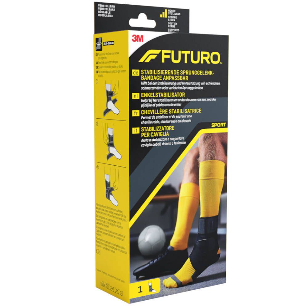 3M™ Futuro™ Sport Deluxe enkelbrace. Verpakking met productafbeelding en tekst. Gebruiksaanwijzing.