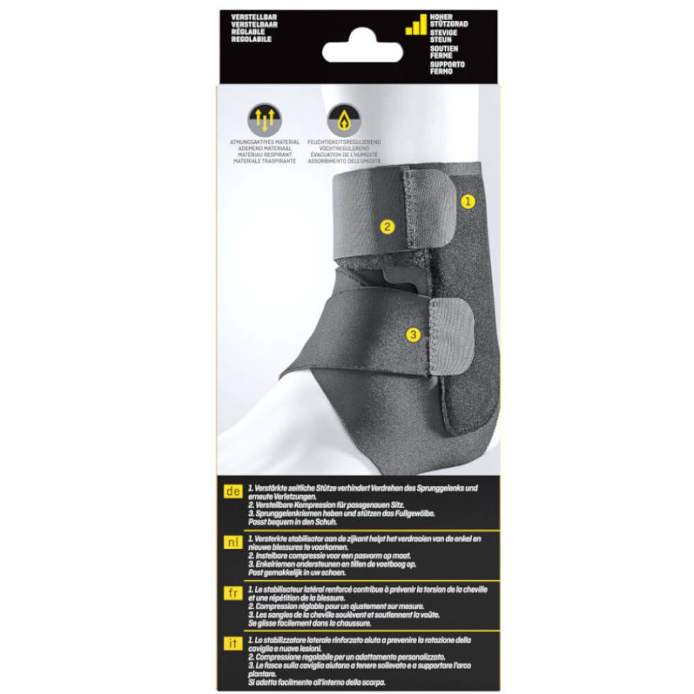 3M™ Futuro™ Sport Deluxe enkelbrace. Detail van de brace. Zwart materiaal met klittenband en gele accenten.