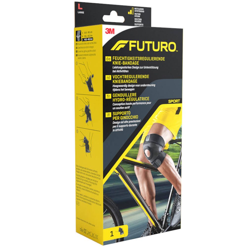 Genouillère hydro-régulatrice Futuro™ Sport. Emballage avec image et exemples d'utilisation.