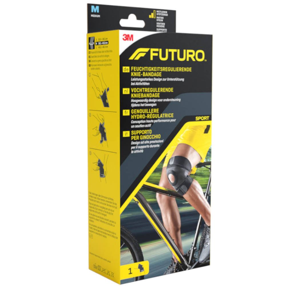 Genouillère Futuro Sport, taille M, en emballage. Nom du produit et logo 3M visibles. Illustration : Instructions d'utilisation.