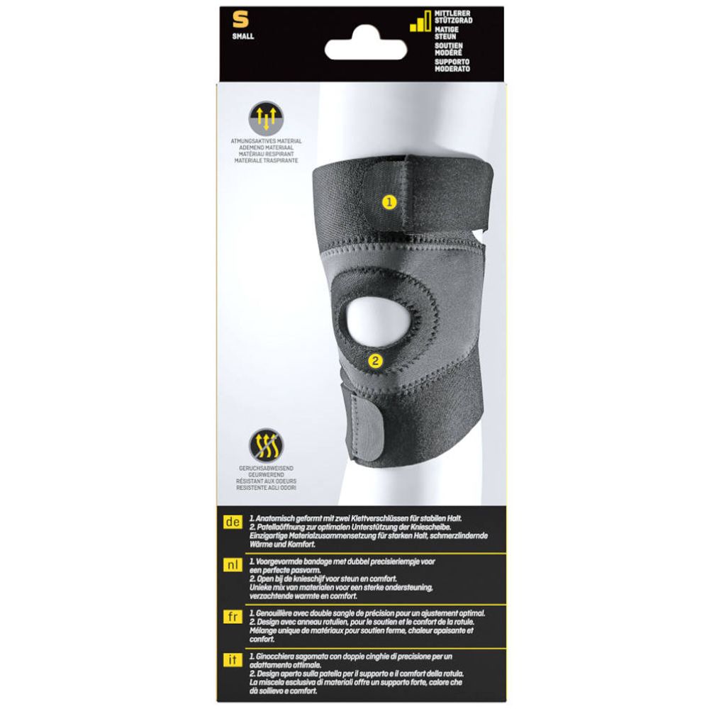 Genouillère FUTURO® Sport S. Bandage noir avec ouverture pour rotule. Taille S. Matière respirante.