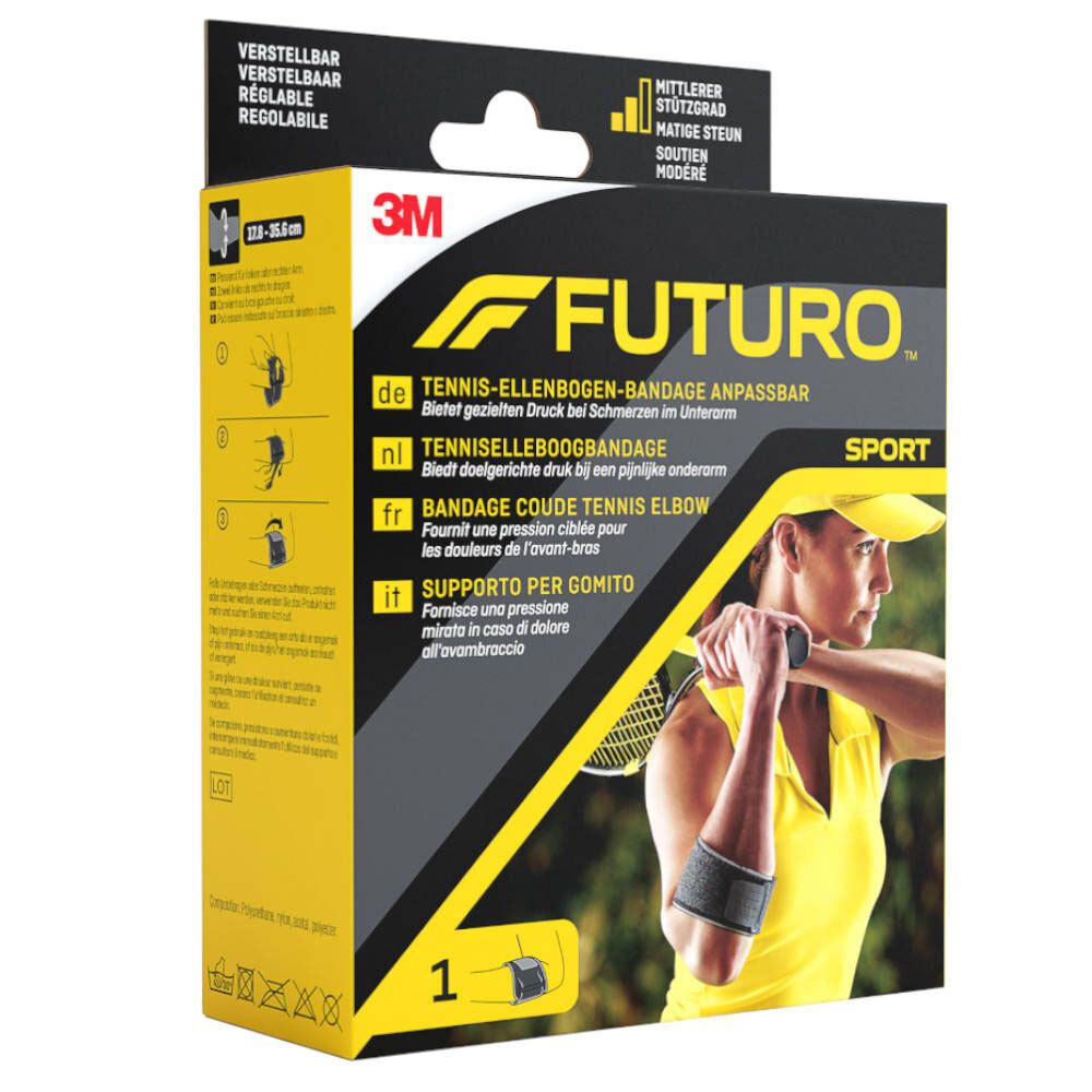 Emballage de la coudière 3M™ Futuro™ Sport. Une femme avec une raquette de tennis est représentée sur l'emballage.