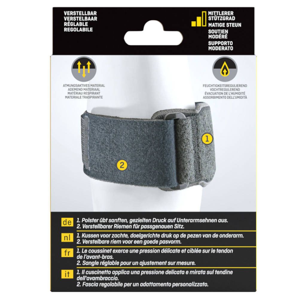 Coudière 3M™ Futuro™ Sport. Bandage gris avec fermeture velcro. Deux coussinets et une sangle réglable.