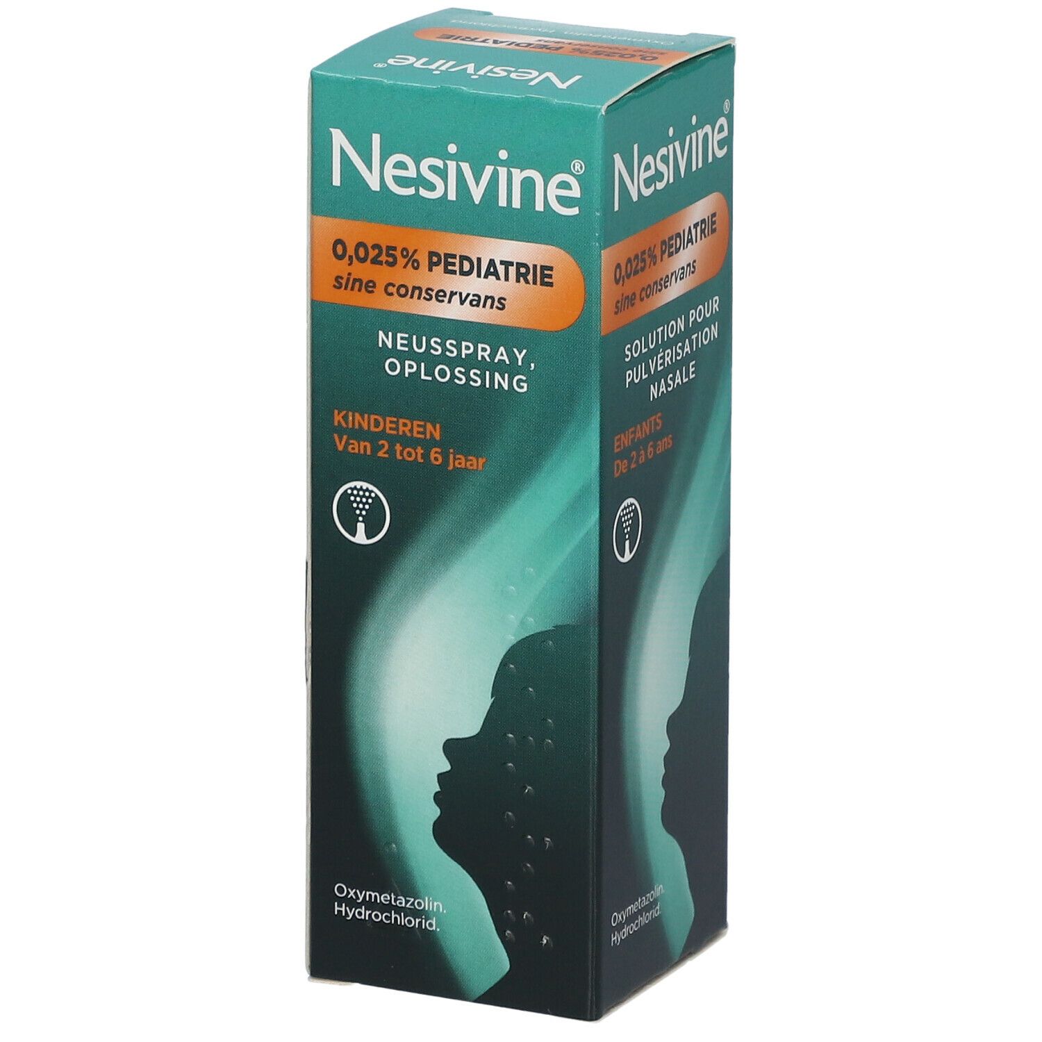 Nesivine 0,025% pediatrie neusspray zonder bewaarmiddelen. Voor kinderen van 2 tot 6 jaar. Neusspray, Oplossing.