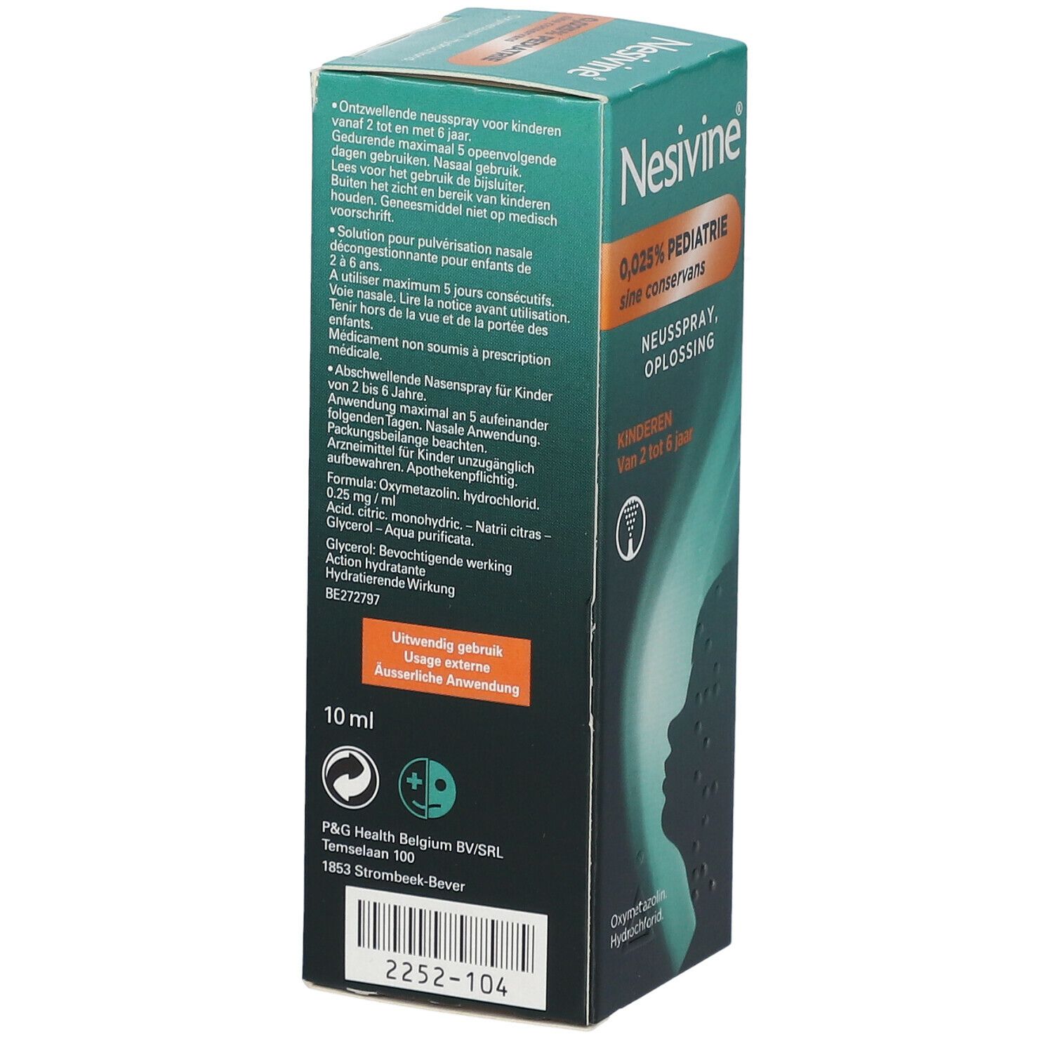 Verpakking neusspray Nesivine, 10 ml. Ingrediënten, gebruiksaanwijzing. Voor kinderen van 2 tot 6 jaar. Niet op recept verkrijgbaar.