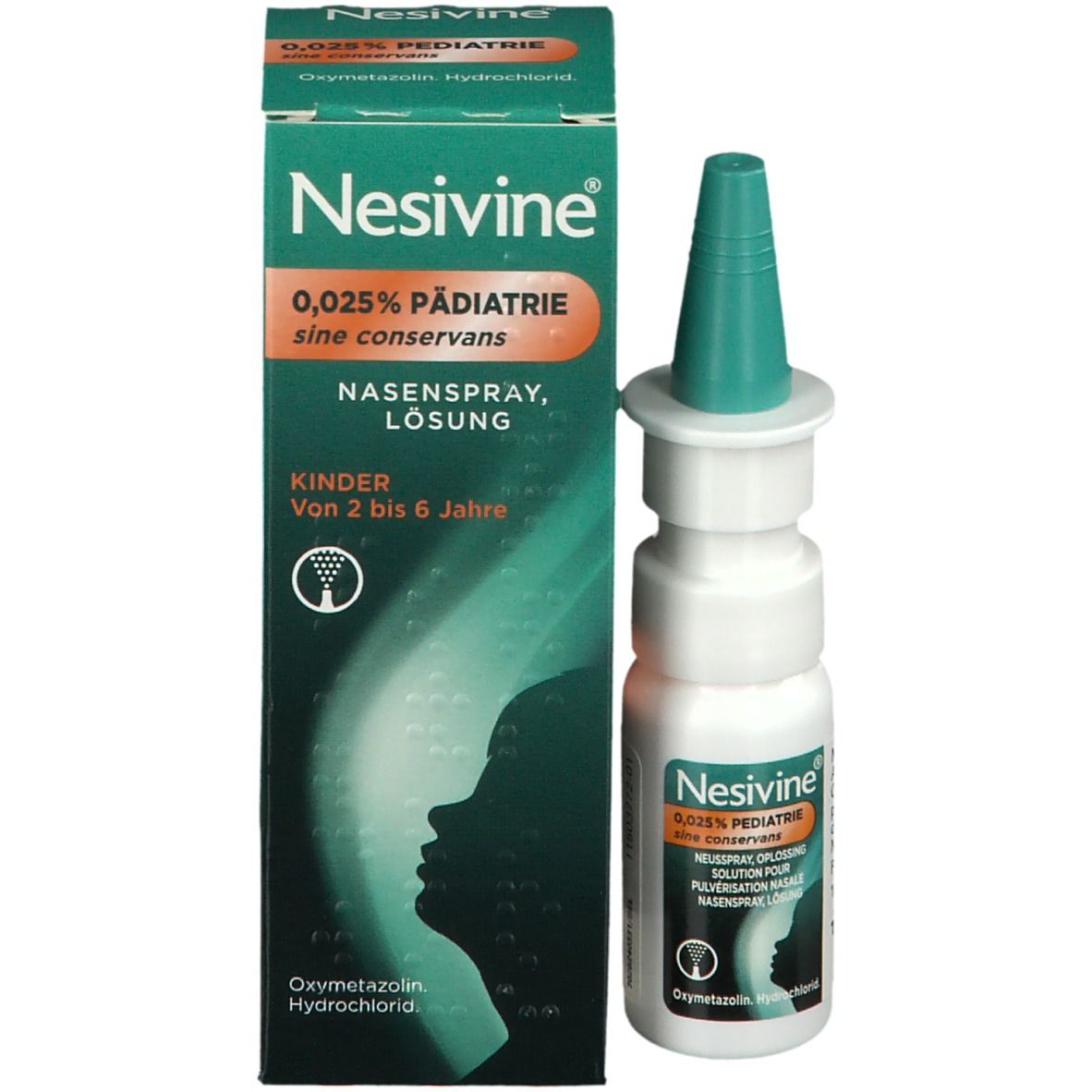 Verpakking en flesje neusspray. Nesivine 0,025% pediatrie zonder bewaarmiddelen. Voor kinderen van 2 tot 6 jaar. Nasenspray, Lösung.