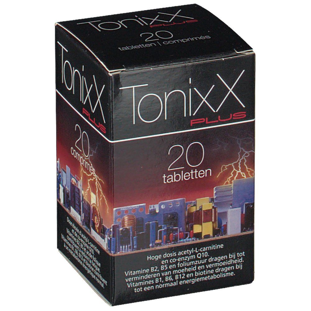 Boîte noire "TonixxX Plus" et "20 comprimés". Illustration d'un circuit électrique et d'éclairs.