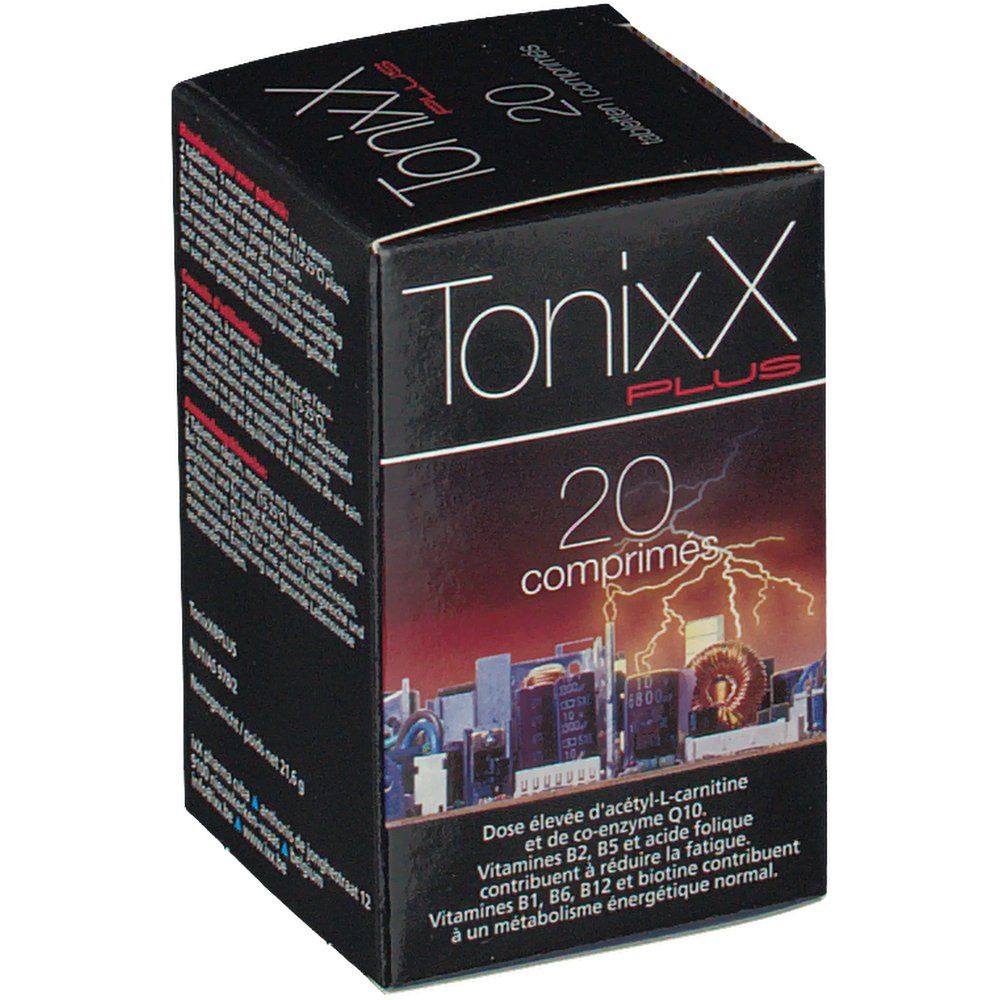 Boîte noire "TonixxX Plus" et "20 comprimés". Illustration d'un circuit électrique et d'éclairs.