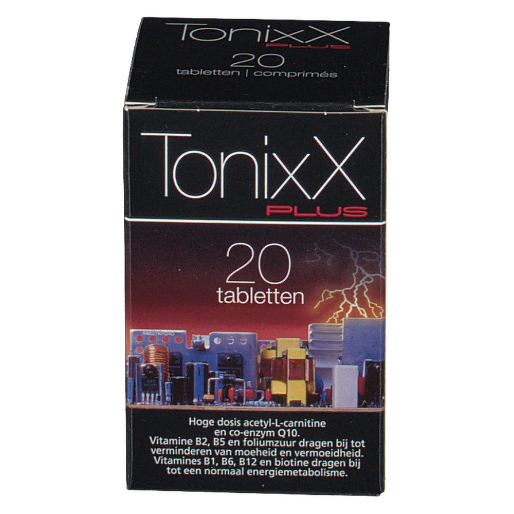 Boîte noire "TonixxX Plus" et "20 comprimés". Illustration d'un circuit électrique et d'éclairs.