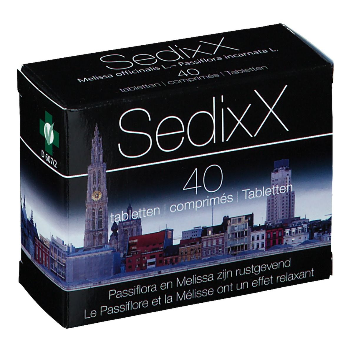 Boîte noire Sedixx, 40 comprimés. Image d'une ville. Texte en allemand, français et néerlandais.