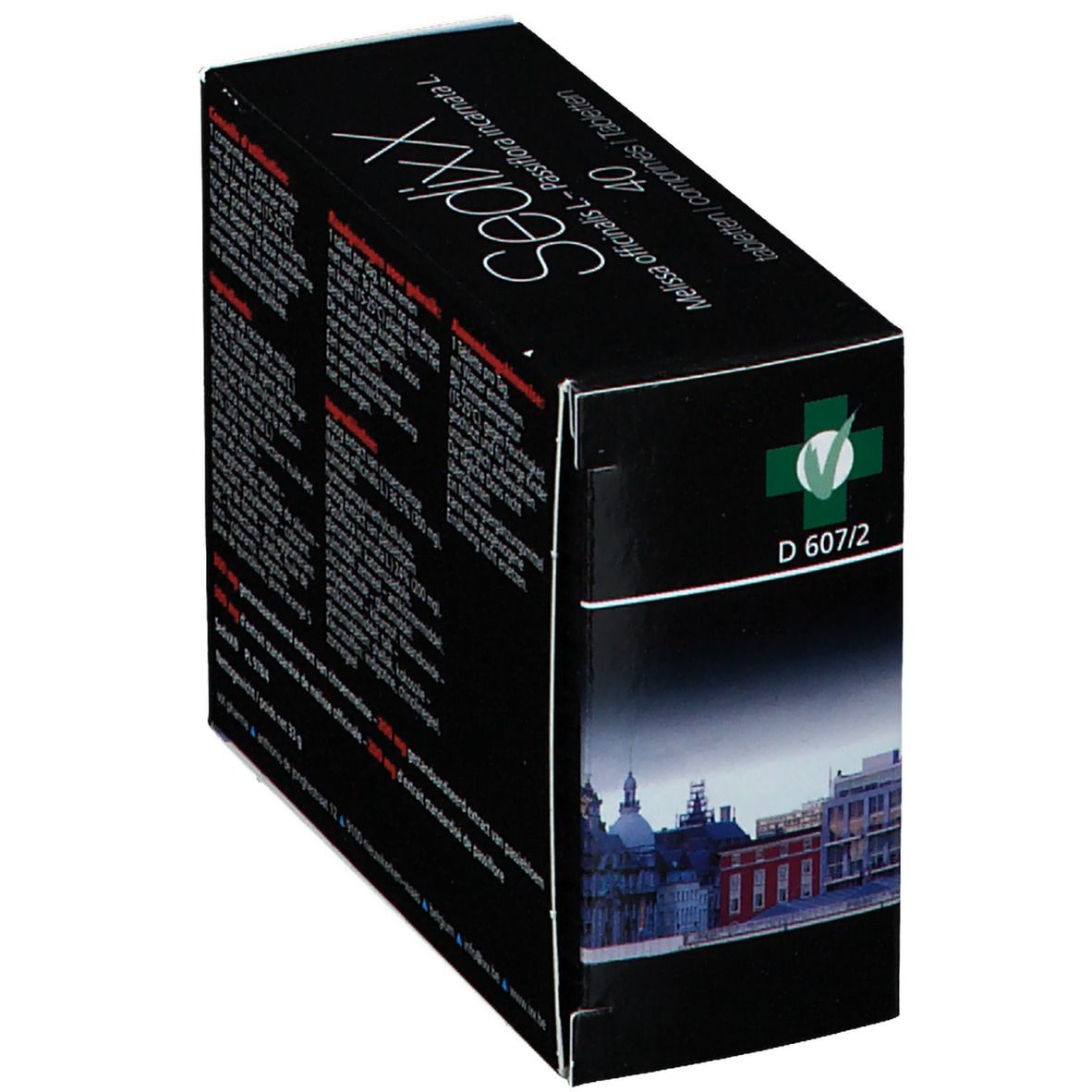 Boîte noire Sedixx, 40 comprimés. Logo croix verte. Image d'une ville. Texte multilingue.