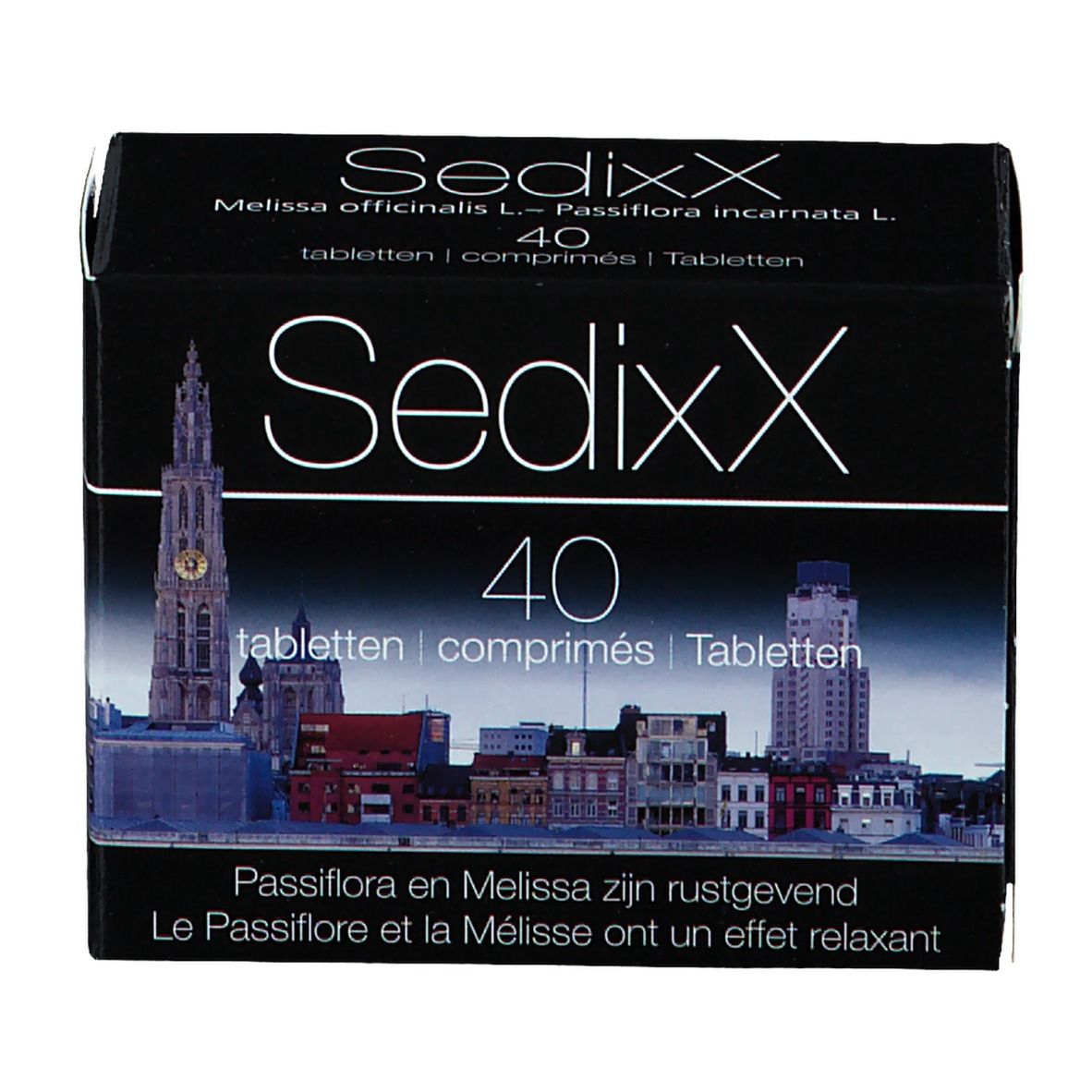 Boîte noire Sedixx, 40 comprimés. Image d'une ville. Texte en allemand, français et néerlandais.
