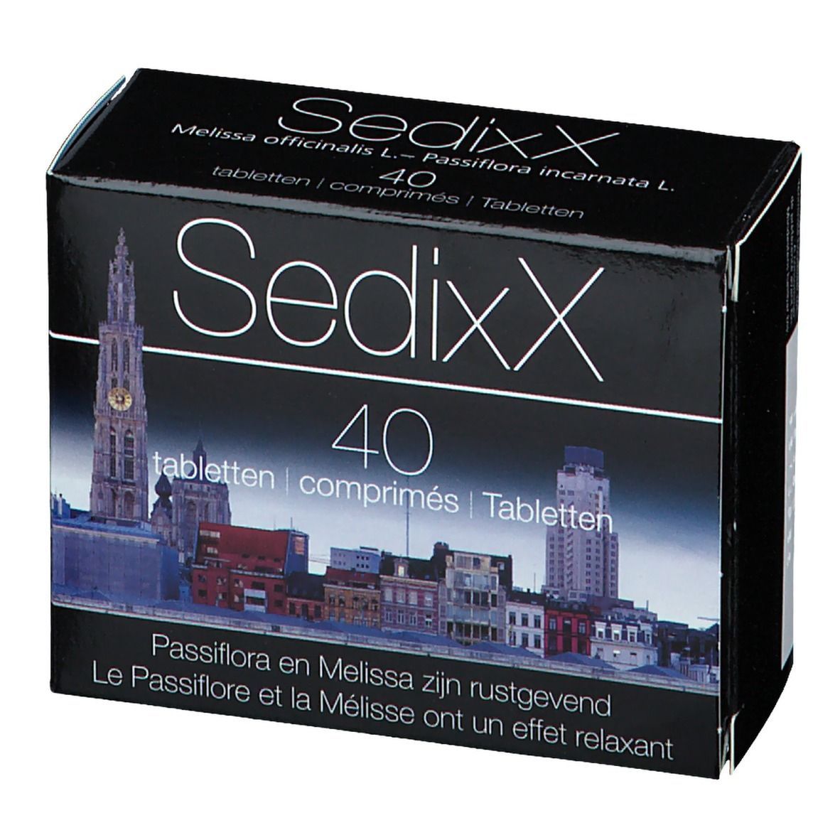 Boîte noire Sedixx, 40 comprimés. Image d'une ville. Texte en allemand, français et néerlandais.