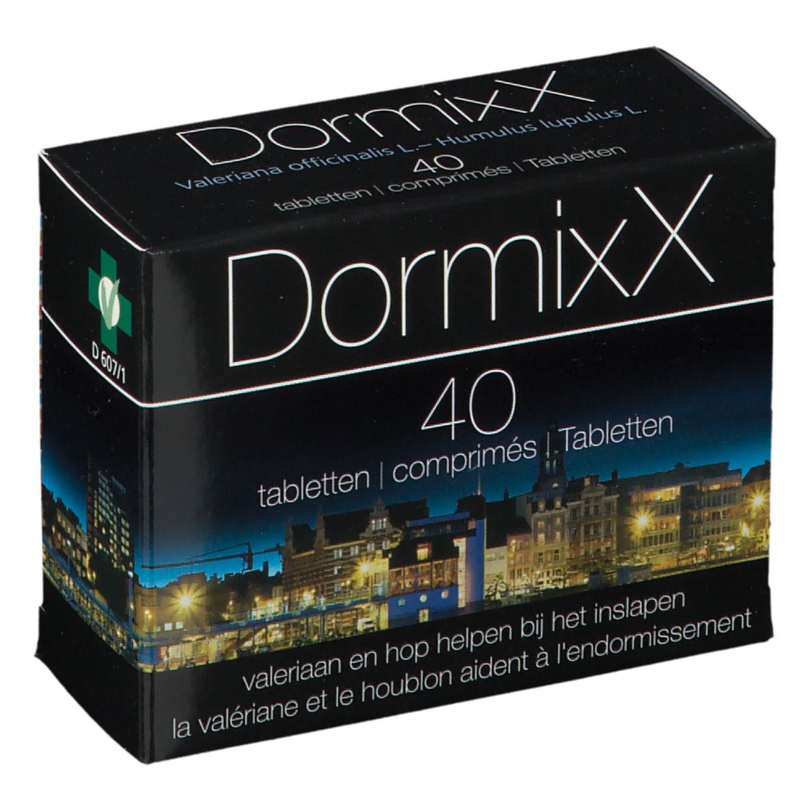 Boîte noire "DormixX" avec "40 comprimés". Contient valériane et houblon. Image de ville en arrière-plan.