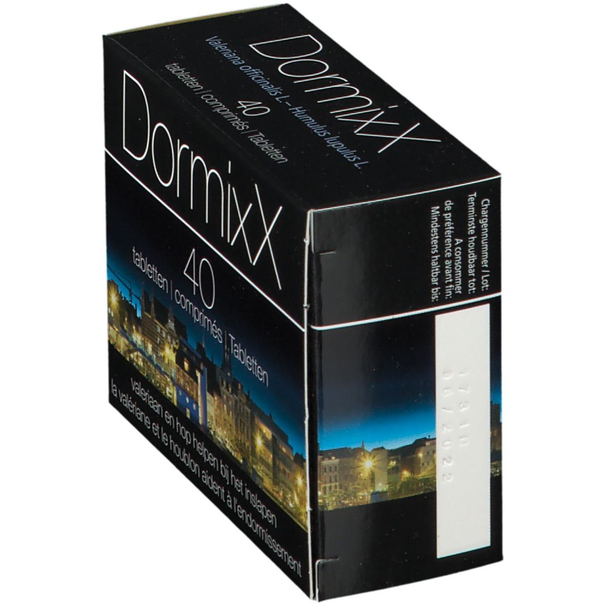 Boîte noire "DormixX" avec "40 comprimés". Contient valériane et houblon. Image de ville. Numéro de lot visible.