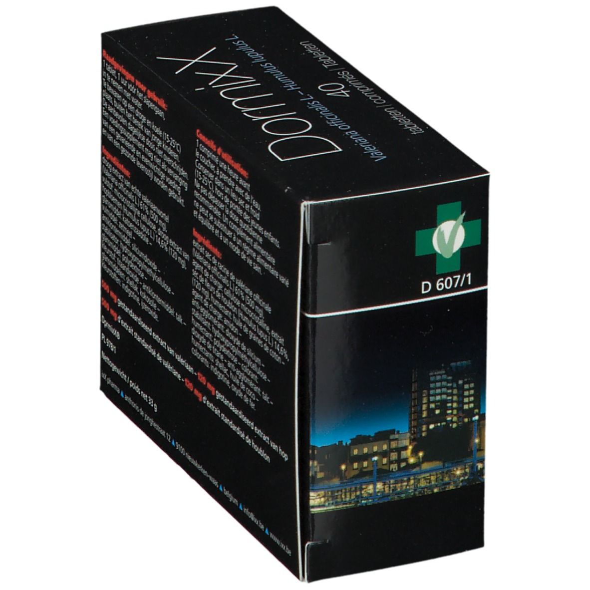Boîte noire "DormixX" avec "40 comprimés". Contient valériane et houblon. Image de ville. Logo vert.