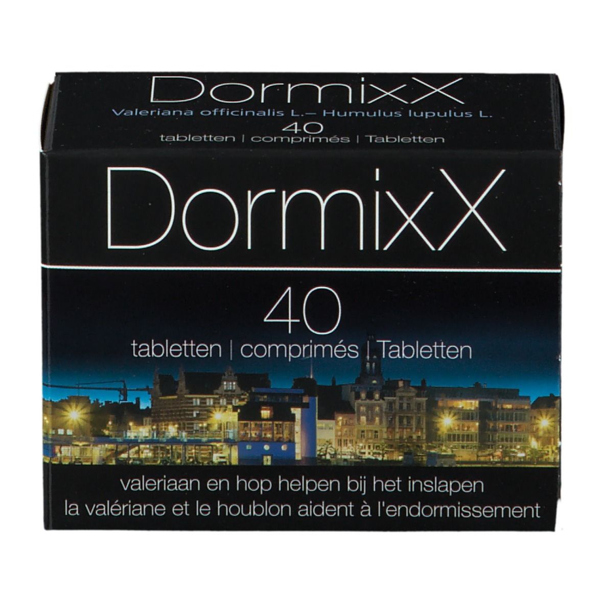 Boîte noire "DormixX" avec "40 comprimés". Contient valériane et houblon. Image de ville. Vue de face.