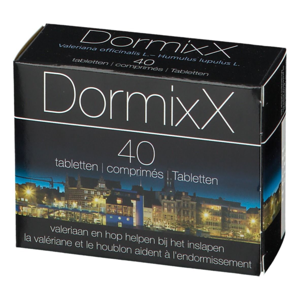 Boîte noire "DormixX" avec "40 comprimés". Contient valériane et houblon. Image de ville. Vue de face.
