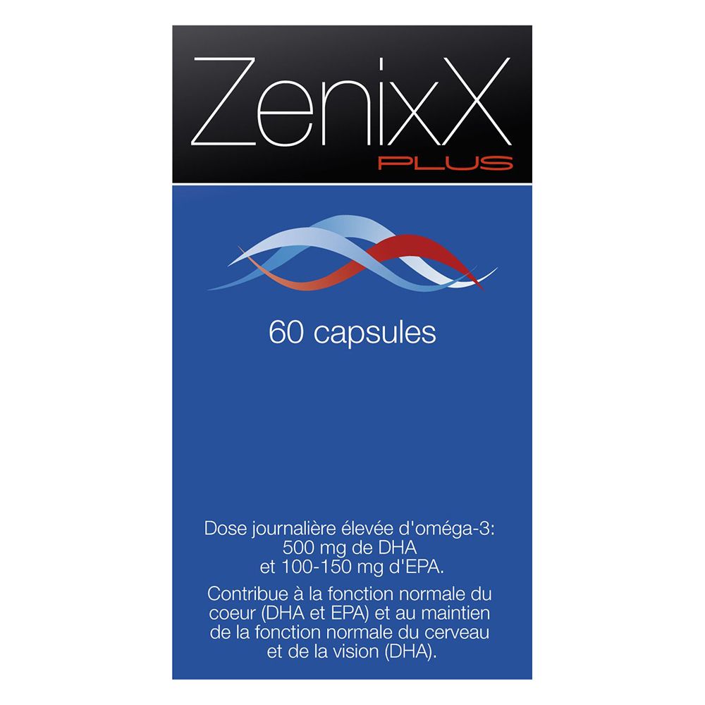Boîte bleue avec inscription: ZenixX PLUS, 60 capsules. Motif de vagues. Informations sur le produit.