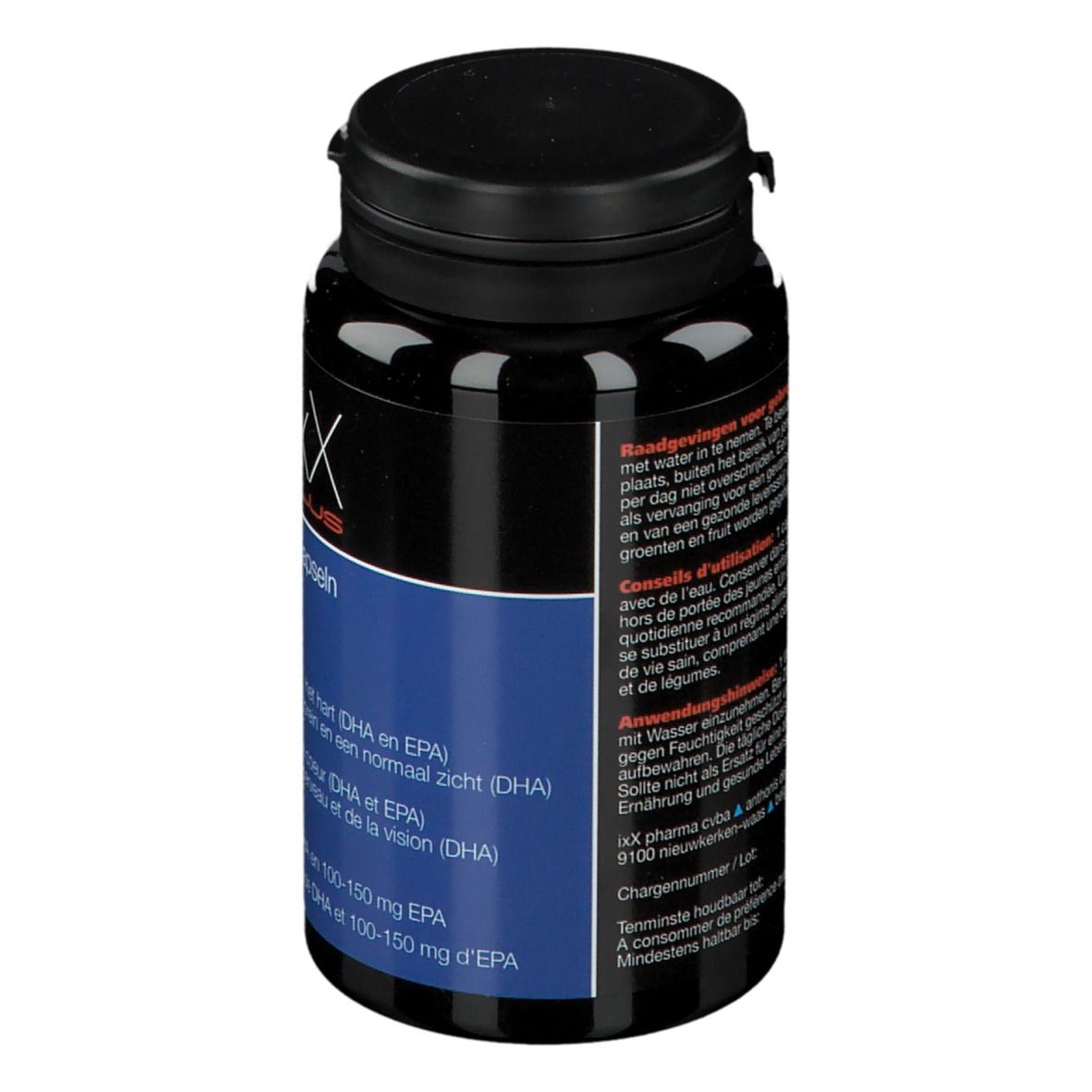 Vue arrière du flacon noir de capsules. Étiquette bleue avec informations. Bouchon noir.