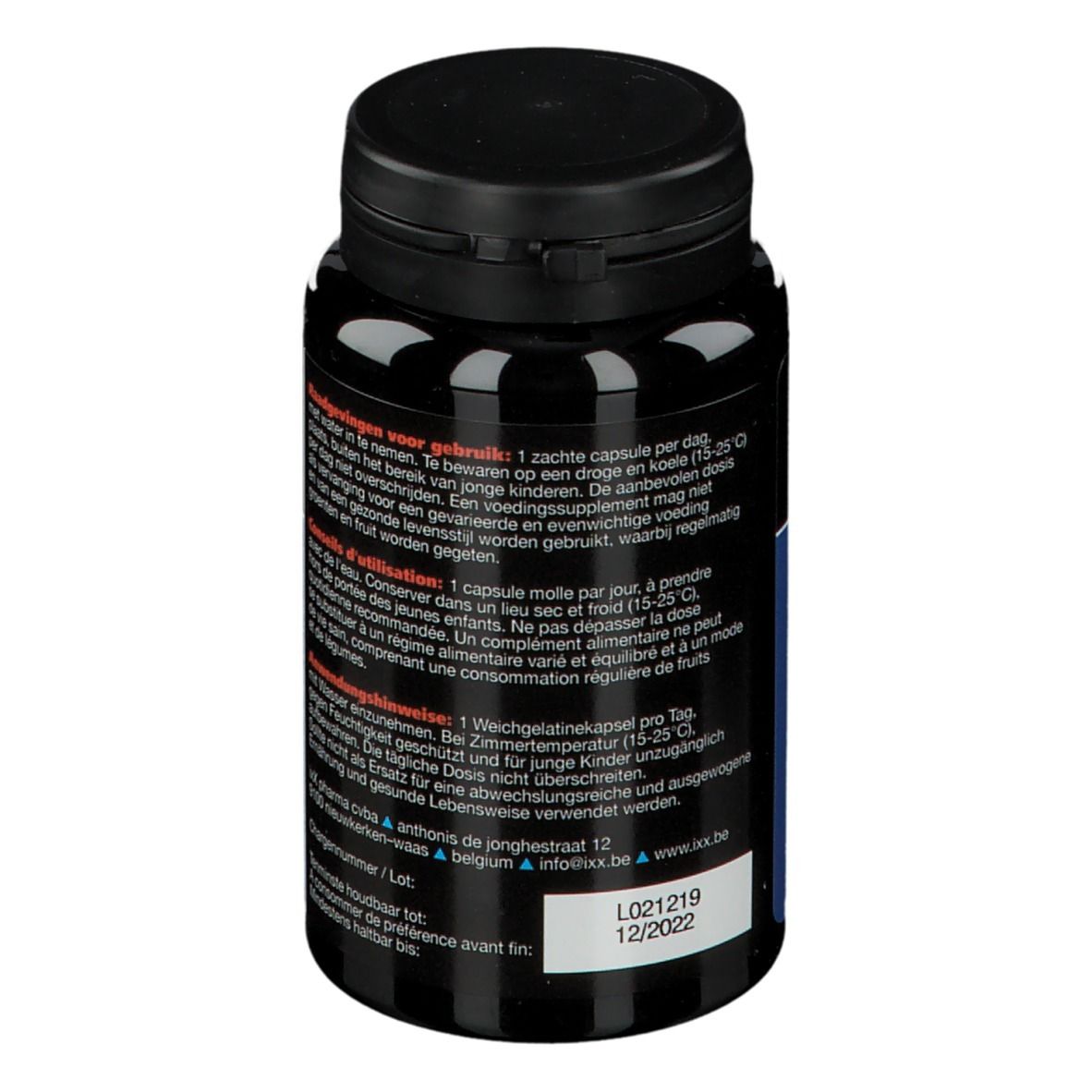Vue arrière du flacon noir de capsules. Étiquette bleue avec informations. Bouchon noir.