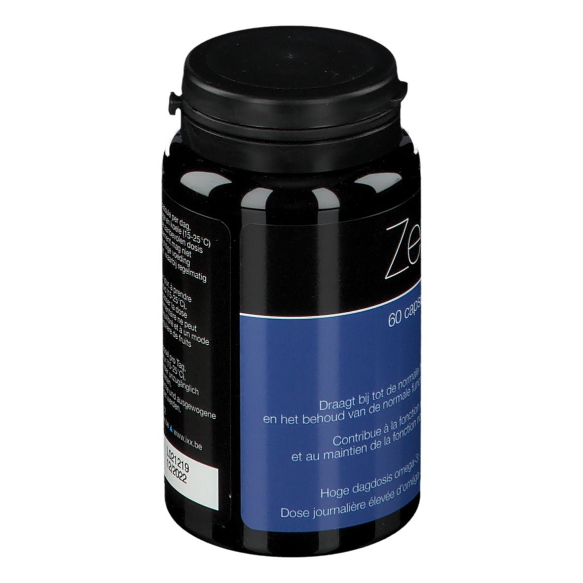 Flacon noir de ZenixX, 60 capsules. Étiquette bleue avec informations sur le produit. Bouchon noir.
