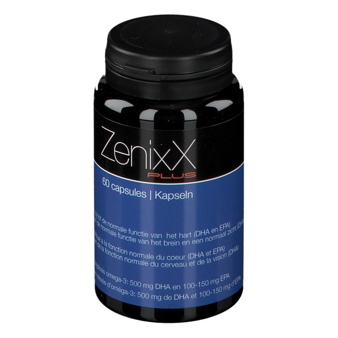 Flacon noir de ZenixX PLUS, 60 capsules. Étiquette bleue avec informations sur le produit. Bouchon noir.