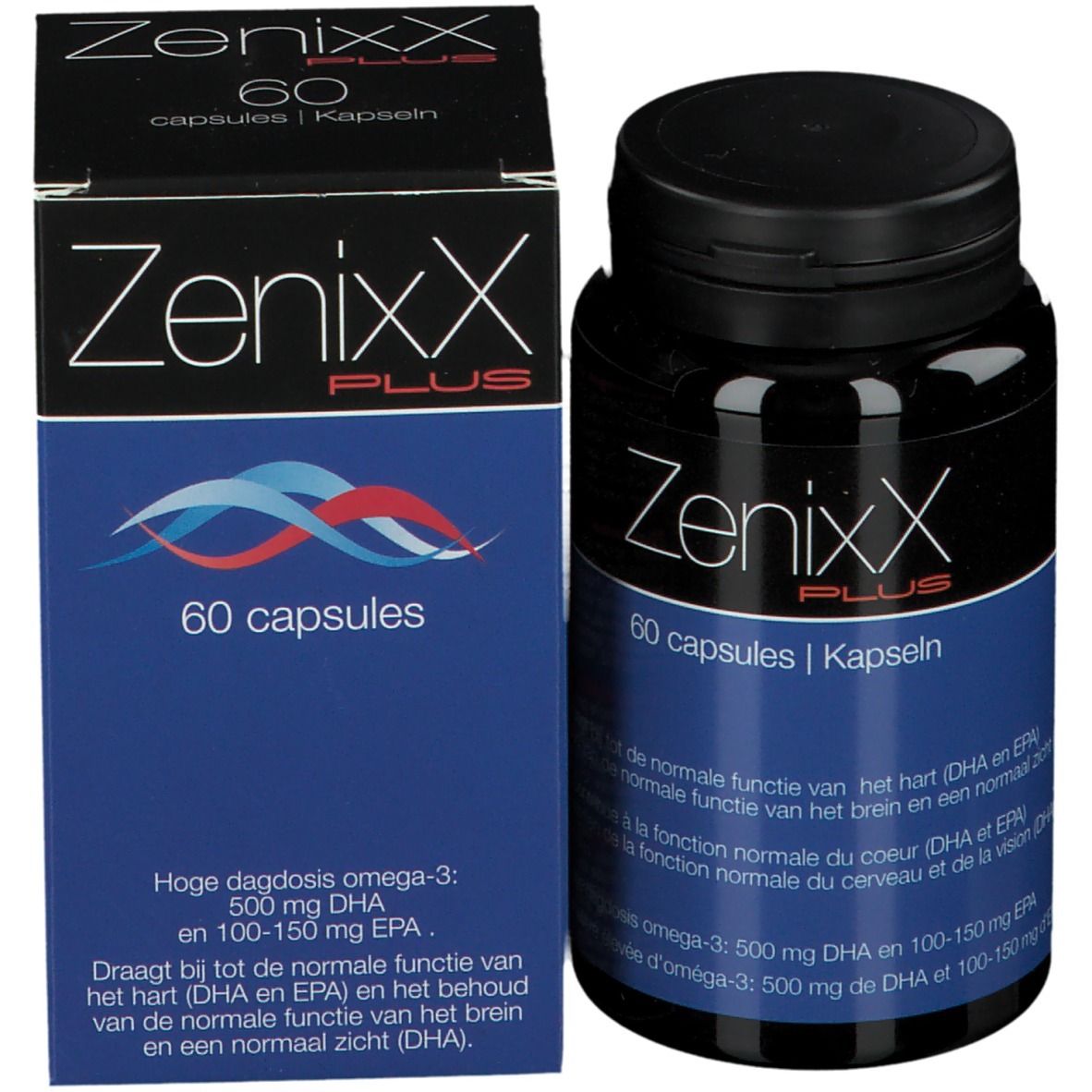 Emballage du produit avec flacon et boîte. Inscription: ZenixX PLUS, 60 capsules. Boîte bleue.