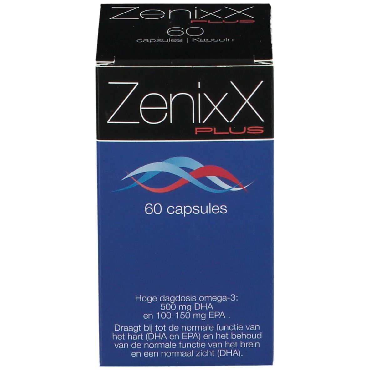 Boîte bleue avec inscription: ZenixX PLUS, 60 capsules. Motif de vagues. Informations sur le produit.
