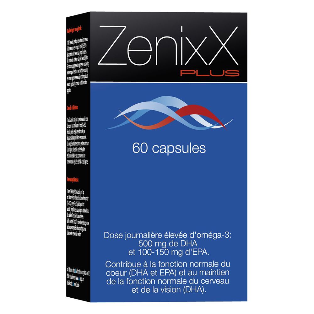 Boîte bleue avec inscription: ZenixX PLUS, 60 capsules. Motif de vagues. Informations sur le produit.