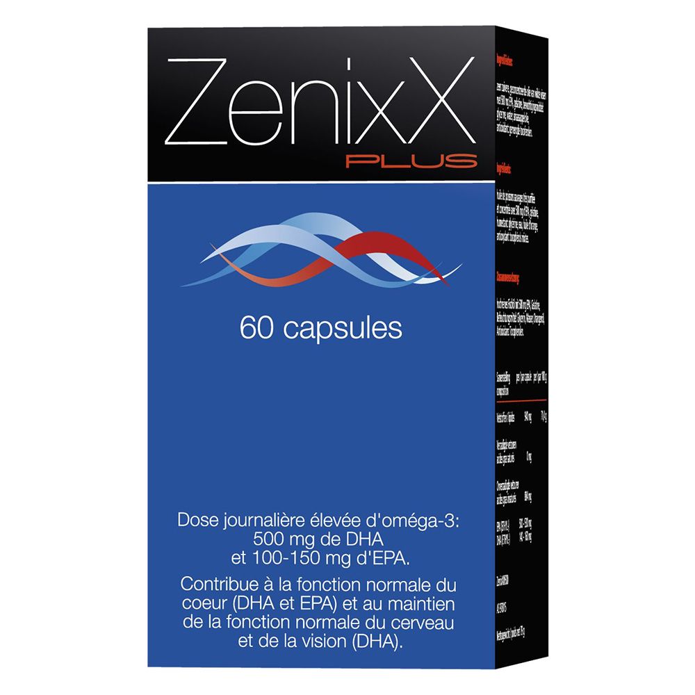 Boîte bleue avec inscription: ZenixX PLUS, 60 capsules. Motif de vagues. Informations sur le produit.