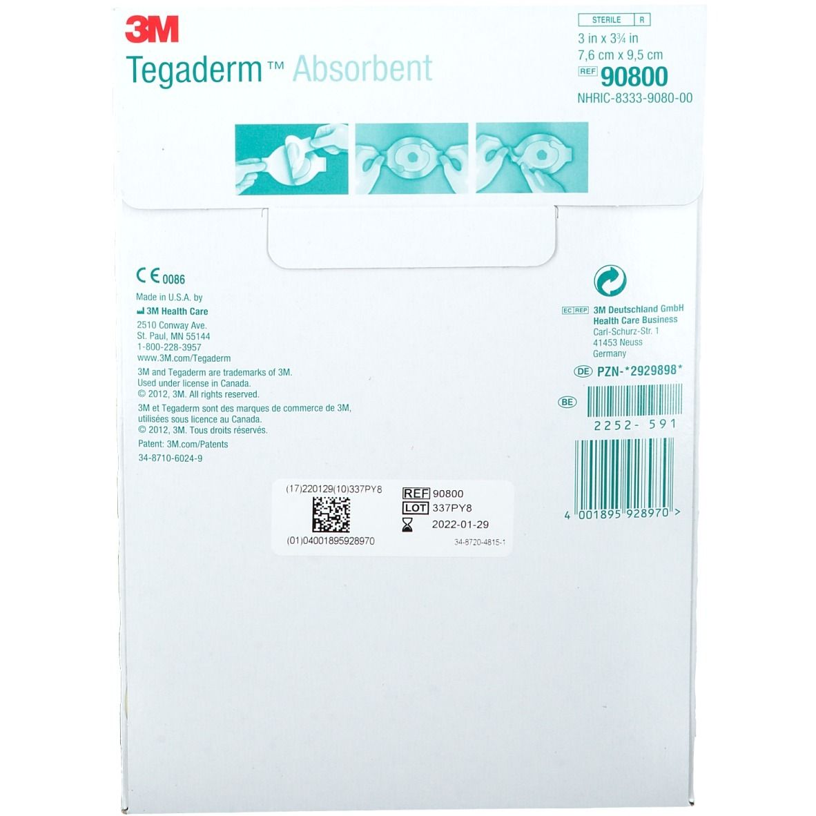 Dos de l'emballage de 3M Tegaderm Absorbent. Informations, code-barres, numéro de lot, date d'expiration et coordonnées du fabricant.