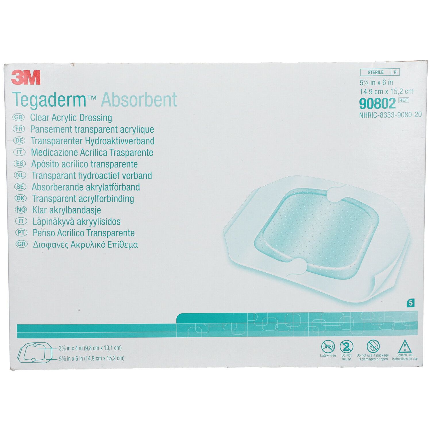 Emballage 3M Tegaderm Absorbent. Pansement transparent hydroactif, 14,9 x 15,2 cm. Paquet stérile de 5.