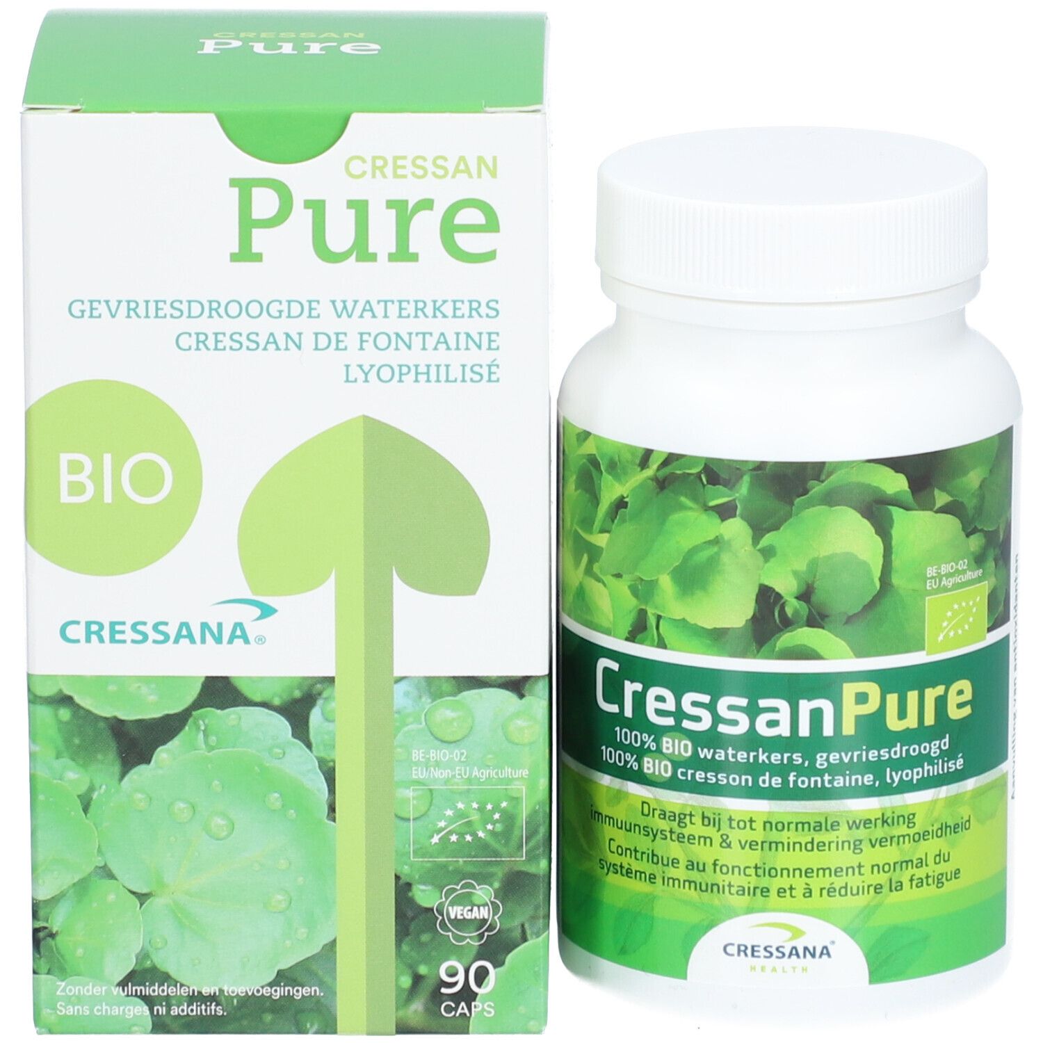 Emballage du produit avec flacon et boîte. Inscription: CressanPure, BIO, 90 gélules. Logo Bio UE.
