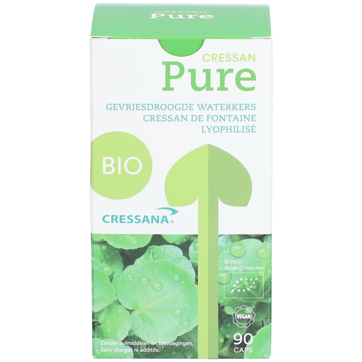 Emballage du produit. Inscription: CressanPure, BIO, 90 gélules. Logo Bio UE, logo Vegan.