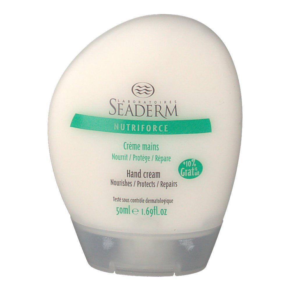 Witte handcrèmetube met groene streep en tekst. Bevat 50ml. Merk: Seaderm Nutriforce.