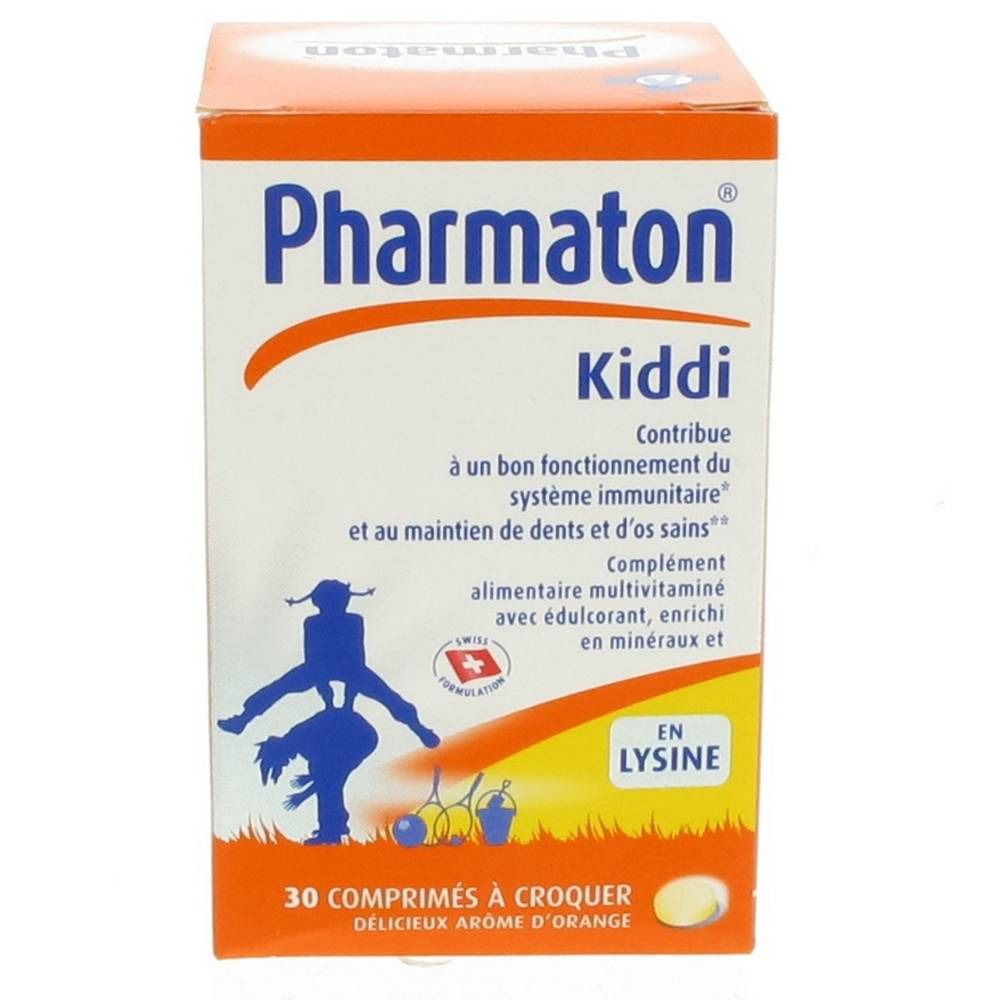 Confezione di Pharmaton Kiddi® Comprimés à croquer. Design arancione e bianco, nome del prodotto e illustrazione.