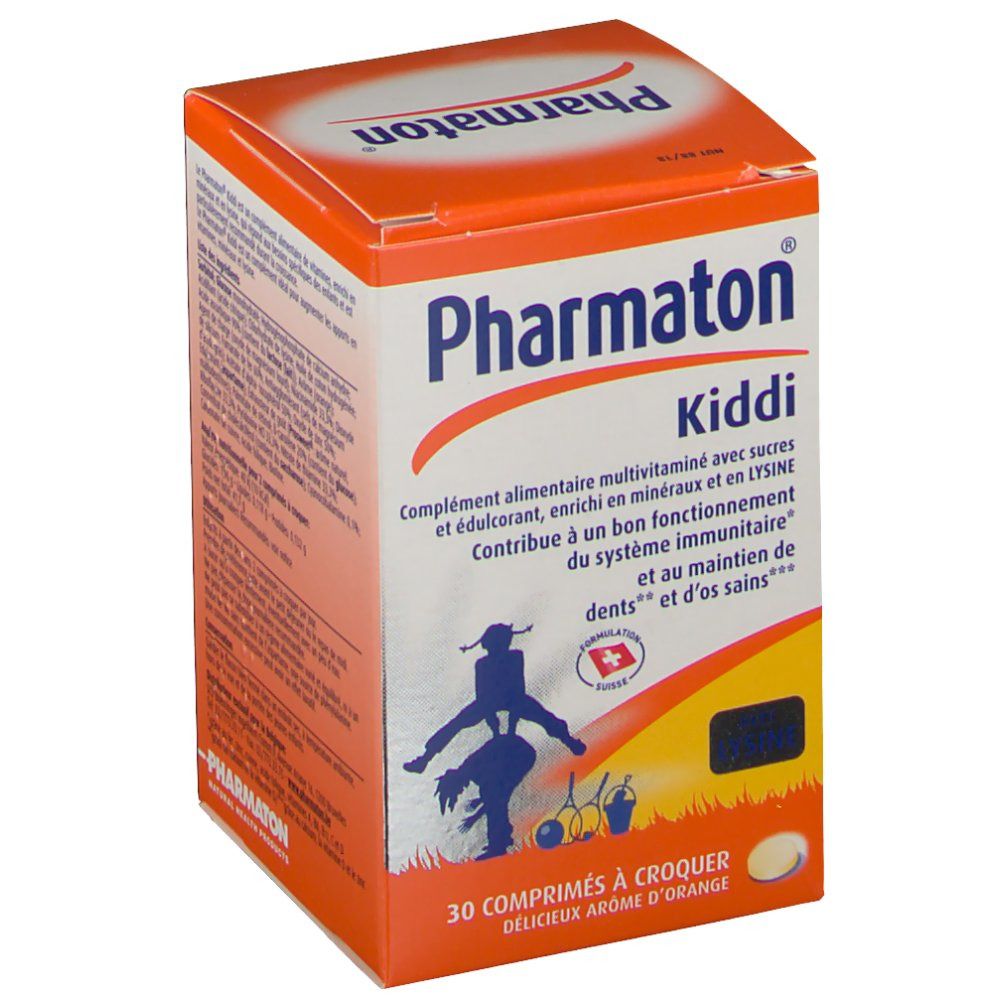Vista obliqua della confezione Pharmaton Kiddi® Comprimés à croquer. Design arancione e bianco, nome del prodotto visibile.