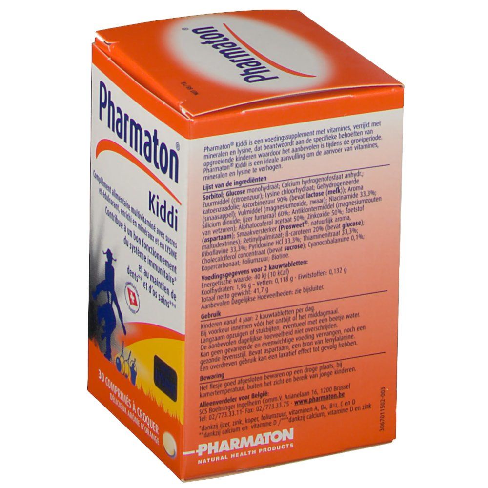 Retro della confezione Pharmaton Kiddi® Comprimés à croquer. Informazioni testuali ed elenco degli ingredienti.