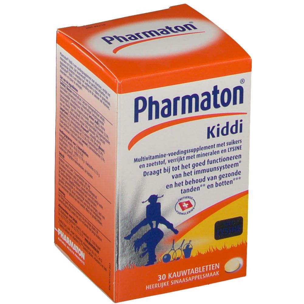 Confezione Pharmaton Kiddi® Comprimés à croquer. Design arancione e bianco, nome del prodotto e illustrazione.