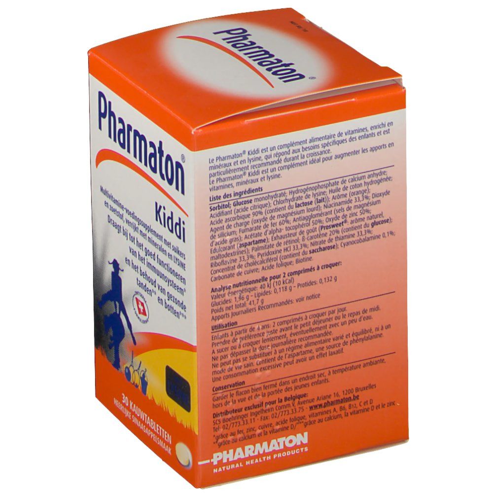 Retro della confezione Pharmaton Kiddi® Comprimés à croquer. Informazioni testuali ed elenco degli ingredienti.