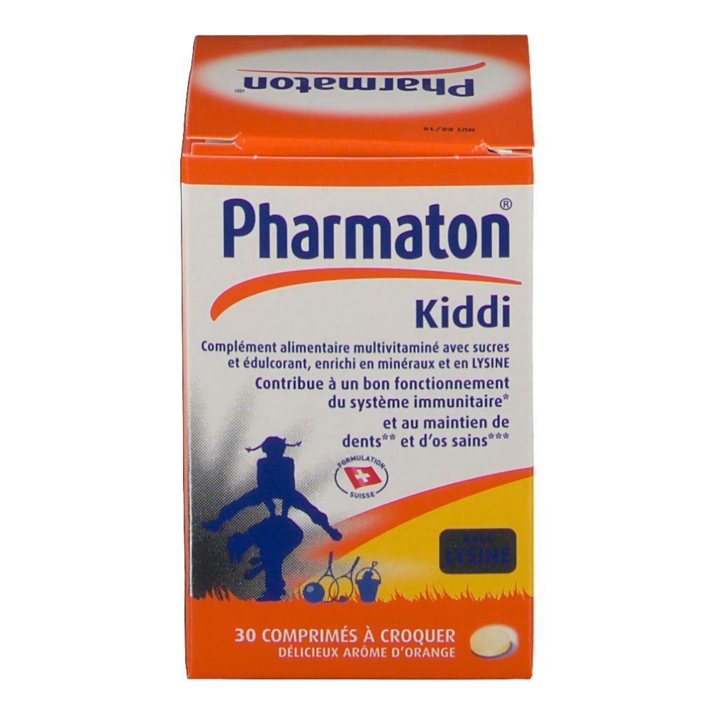 Confezione Pharmaton Kiddi® Comprimés à croquer. Design arancione e bianco, nome del prodotto e illustrazione.