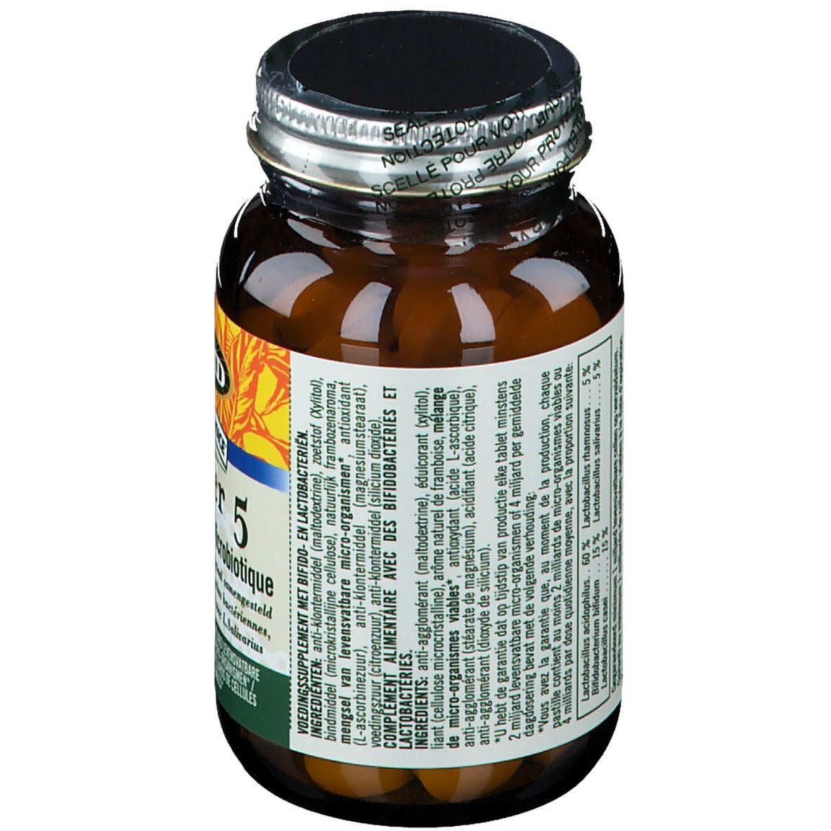 Rückseite der braunen Glasflasche mit Tabletten. Etikett mit Zutaten und Nährwertangaben. Text in mehreren Sprachen.