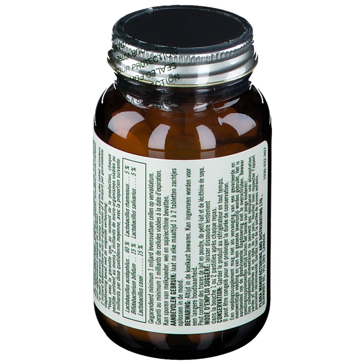 Rückseite der braunen Glasflasche mit Tabletten. Etikett mit Inhaltsstoffen und Anwendungshinweisen. Text in mehreren Sprachen.