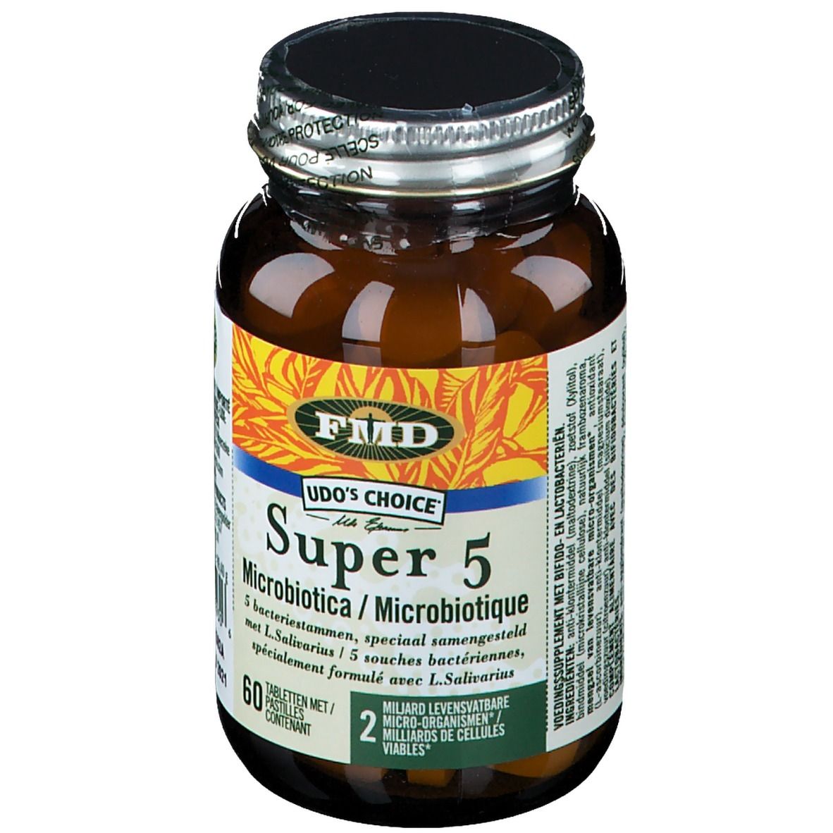 Braune Glasflasche mit Tabletten. Etikett mit "Udo's Choice Super 5". 60 Tabletten, 2 Milliarden lebende Zellen.