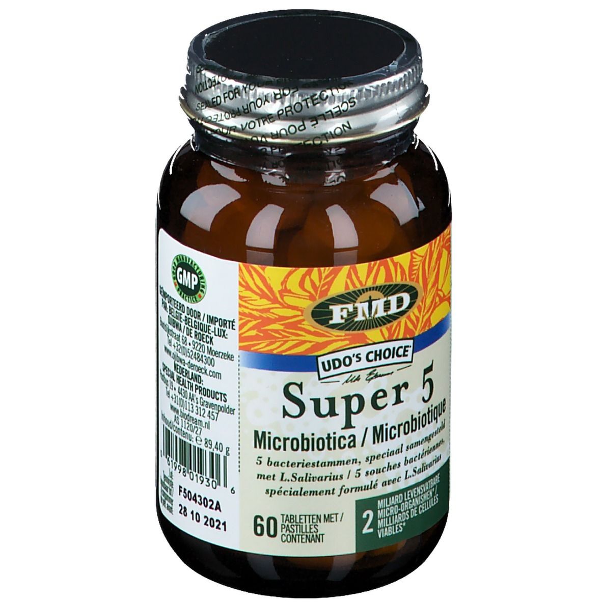 Braune Glasflasche mit Tabletten. Etikett mit "Udo's Choice Super 5". 60 Tabletten, 2 Milliarden lebende Zellen. GMP-Siegel.