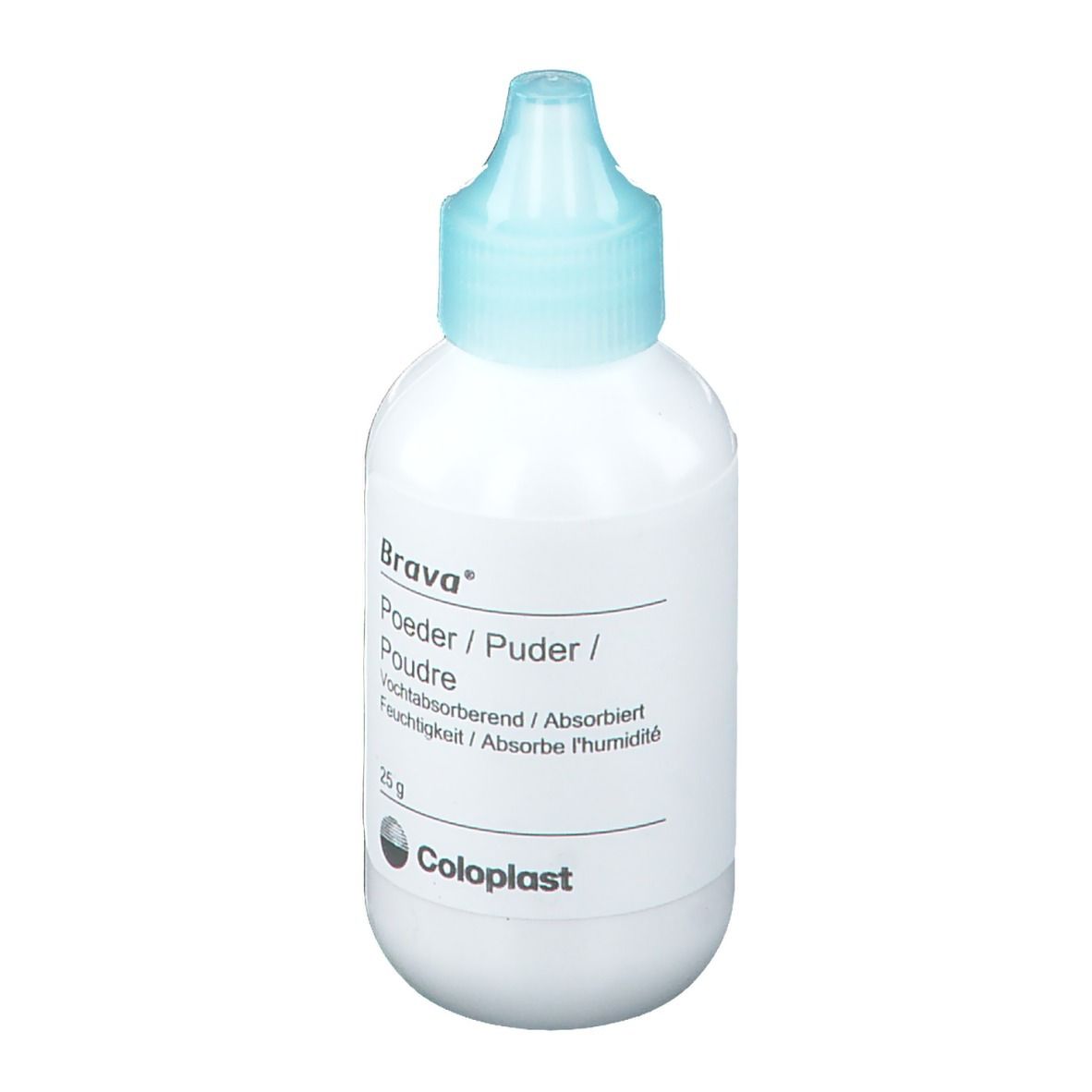 Flacon de poudre Brava. Flacon blanc avec bouchon bleu. Inscription : Poudre, 25g, Coloplast.
