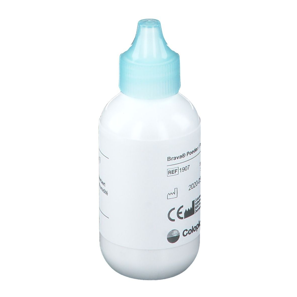 Flacon de poudre Brava. Flacon blanc avec bouchon bleu. Inscription et marquage CE.